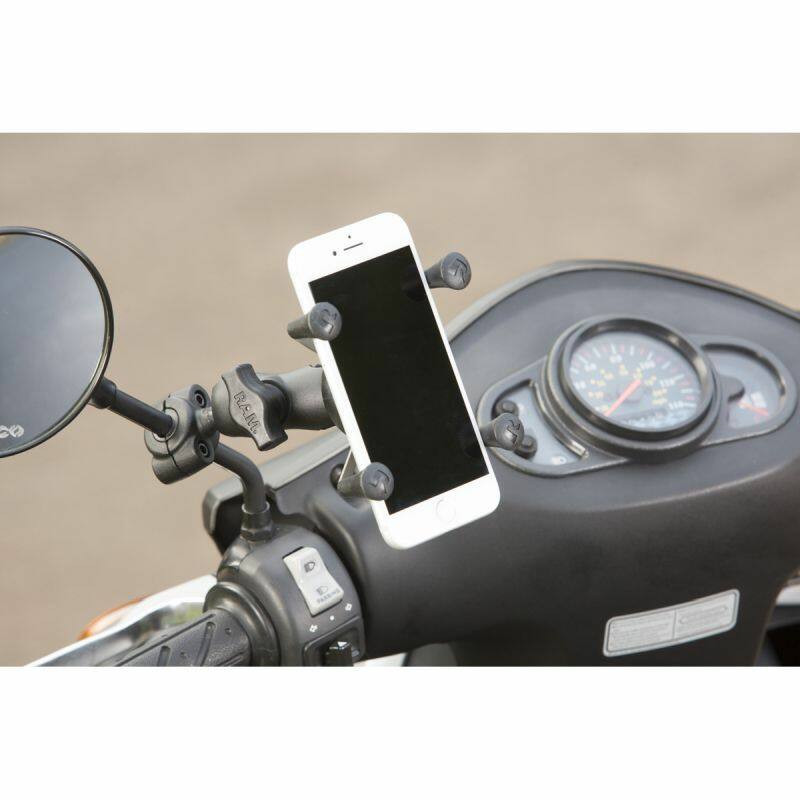 RAM-B-408-37-62-A-UN7U RAM® X-Grip® Phone Mount with RAM® Torque™ Small Rail Base - Short Arm on scooter mirror arm