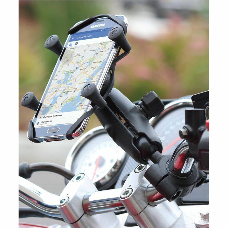 RAM-B-408-75-1-UN7U RAM® X-Grip® Phone Mount with RAM® Torque™ Medium Rail Base - Medium Arm with phone on motorcycle