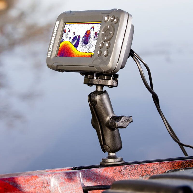 RAM-B-LO12-354-TRA1 RAM® Track Ball™ Double Ball Mount for Lowrance Hook² & Reveal Series with Lowrance device installed on boat