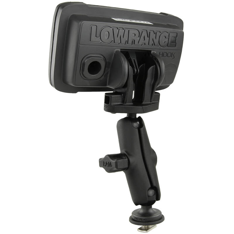 RAM-B-LO12-354-TRA1 RAM® Track Ball™ Double Ball Mount for Lowrance Hook² & Reveal Series with Lowrance device from rear