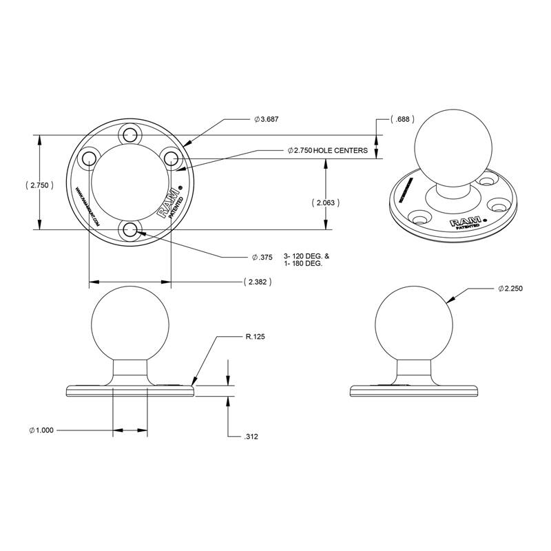 RAM-D-202U RAM® Large Round Plate - D Series hole patterns