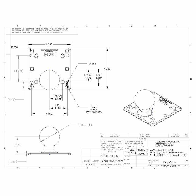 RAM-D-246U 120.7mm (4.75") Square VESA Plate hole patterns and drawing file