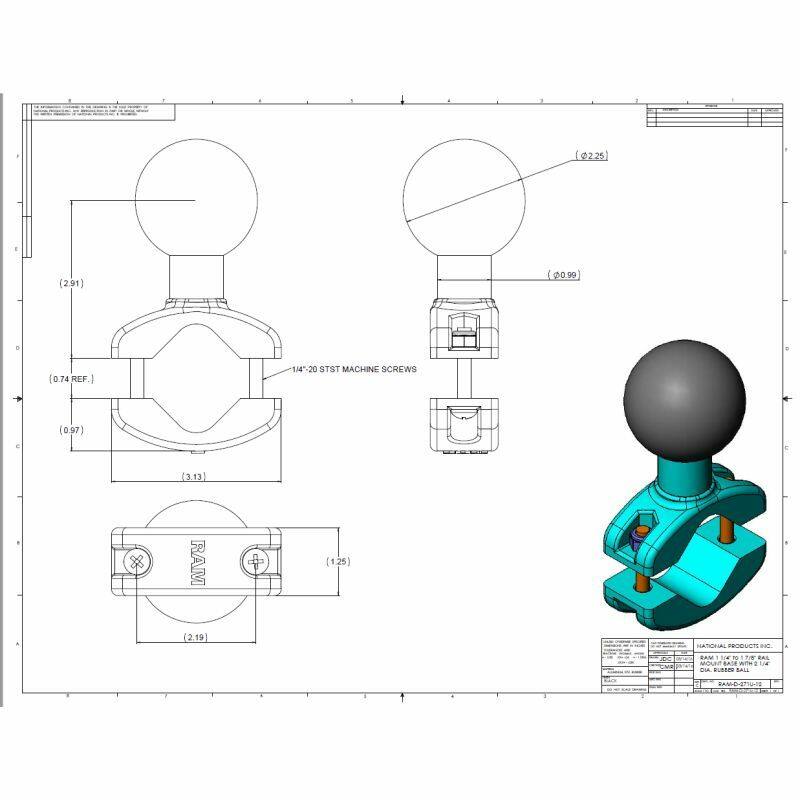 RAM-D-271U-12 RAM® Rail Clamp Ball Base for 31.75 to 47.625mm Rails dimensions and drawing file
