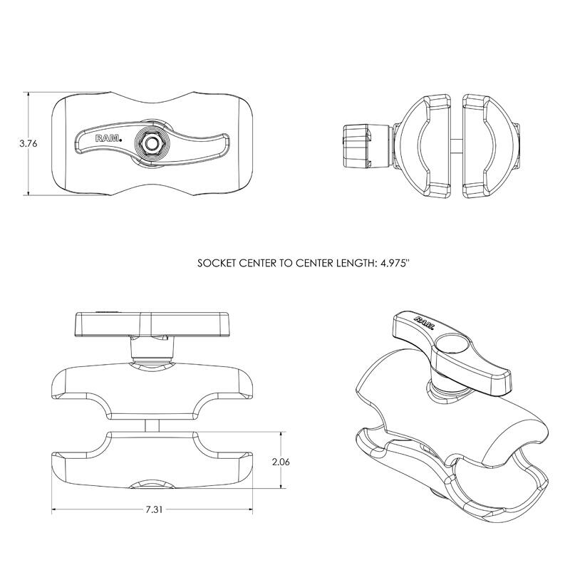 RAM Double Socket Arm - E Series - dimensions and drawing file