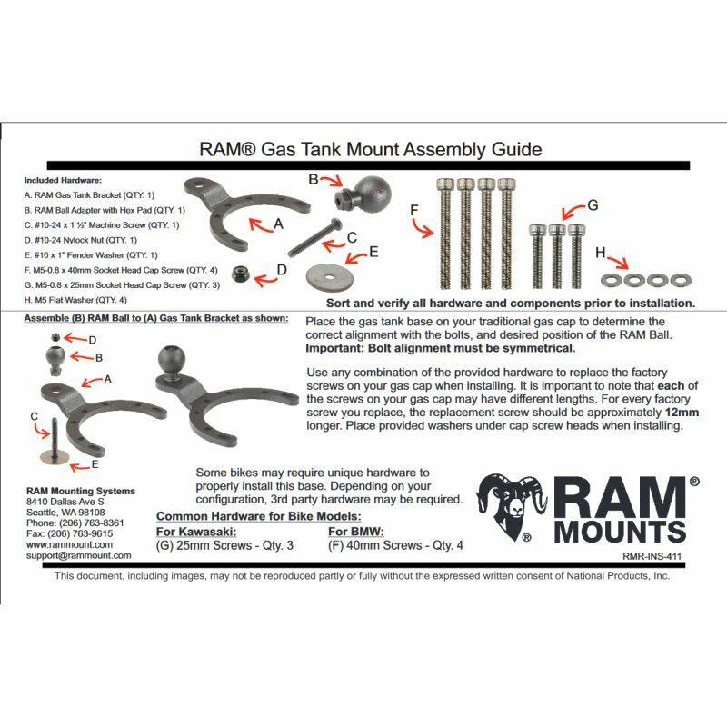 RAM-B-410U RAM® Small Gas / Fuel Tank Ball Base for Motorcycles assembly guide