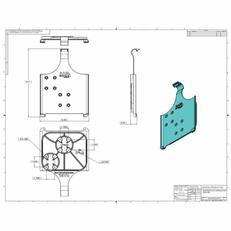 RAM-HOL-AP17U RAM EZ ROLL’R™ Model Specific Cradle for the Apple iPad - data sheet, dimensions and hole patterns