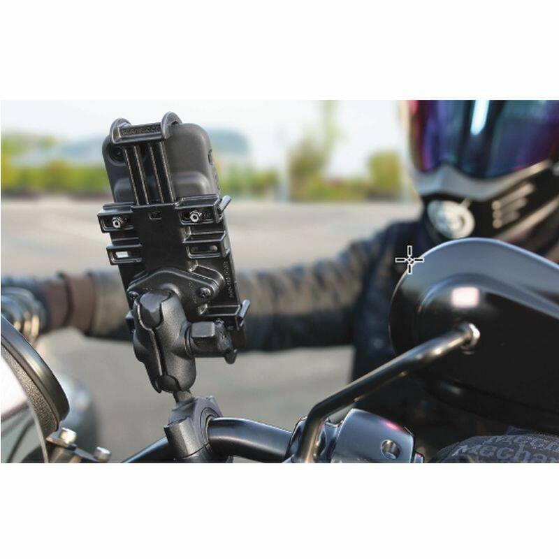 RAM-PD3-408-112-15-A RAM® Quick-Grip™ Holder with Torque Base Handlebar Mount installed on motorbike