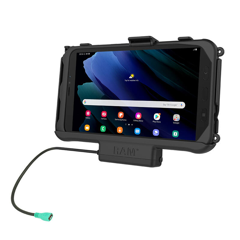 RAM-HOL-SAM60PU RAM® EZ-Roll'r™ Powered Cradle for Samsung Galaxy Tab Active 5, 3 and 2 with tablet showing cable