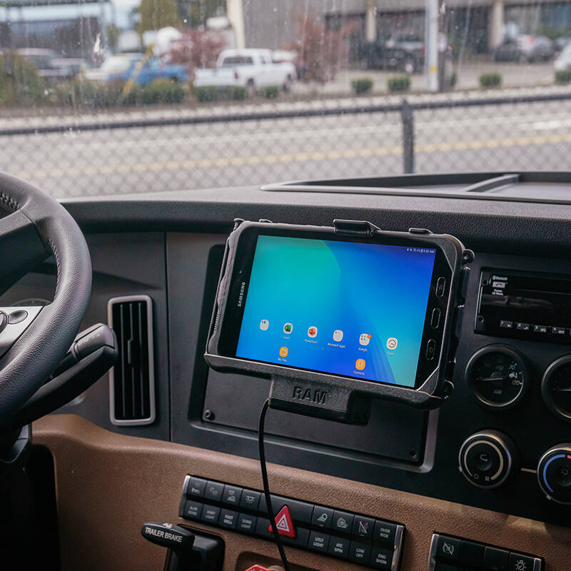 RAM-HOL-SAM60PU RAM® EZ-Roll'r™ Powered Cradle for Samsung Galaxy Tab Active 5, 3 and 2 - mounted in truck