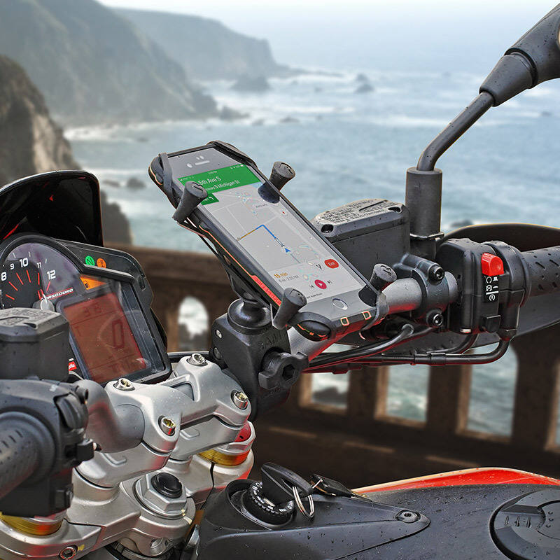 RAM X-Grip Universal Phablet Cradle with Tough-Claw Base (Small) on motorcycle