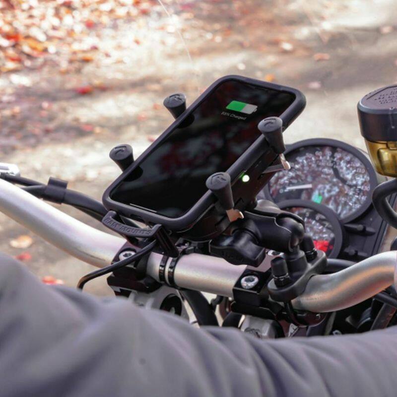 RAM-HOL-UN12WB-1 RAM® Tough-Charge™ with X-Grip® 15W Waterproof Wireless Charging Holder on motorcycle