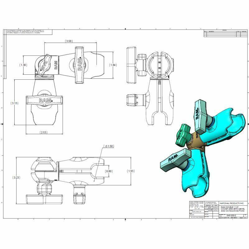 RAP-200-2U Composite Double Socket Swivel Arm for C Size 1.5" Balls - dimensions and drawing file