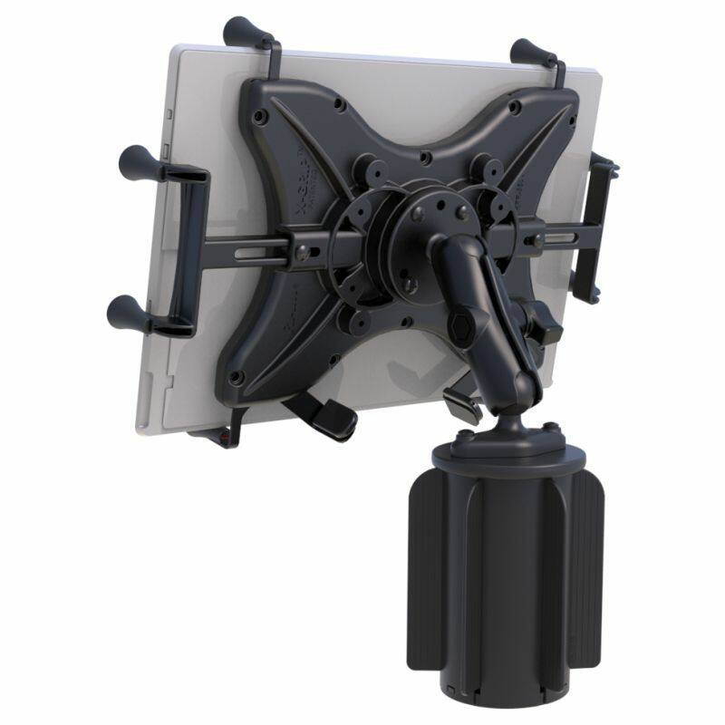 RAP-299-3-UN11U RAM® X-Grip® with RAM-A-CAN™ II Cup Holder Mount for 12" Tablets with tablet from rear