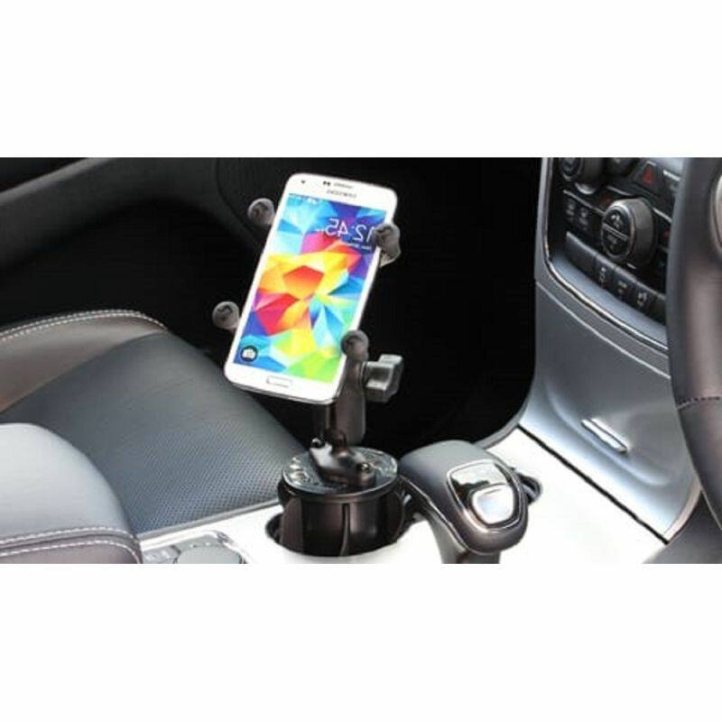 RAP-299-3-UN7B RAM® X-Grip® Phone Mount with RAM-A-CAN™ II Cup Holder Base with phone in vehicle