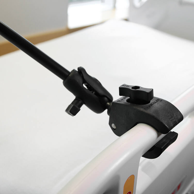 RAP-401-9-BC-UN9U - RAM® X-Grip® with RAM® Tough-Claw™ 9" Pipe Mount for 9"-10" Tablets - close up of base on bed rail