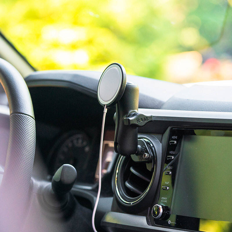 RAP-B-202-AP-MAGU RAM® Ball Adaptor for Apple MagSafe installed in car