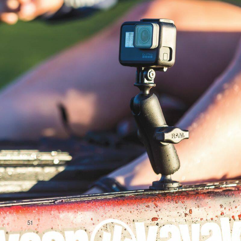 RAP-B-202-GOP1-354-TRA1U RAM® Track Ball™ Universal Action Camera Mount installed on kayak