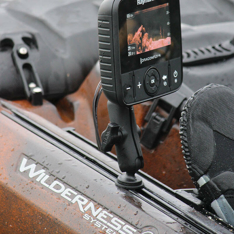 RAP-B-354U-TRA1 RAM® Track Ball™ with T-Bolt Attachment - B Size - with track and Raymarine device installed on kayak