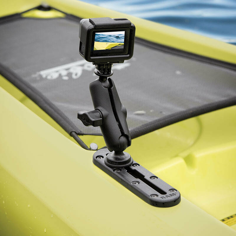 RAP-B-354U-TRA1 RAM® Track Ball™ with T-Bolt Attachment - B Size with track and camera on kayak