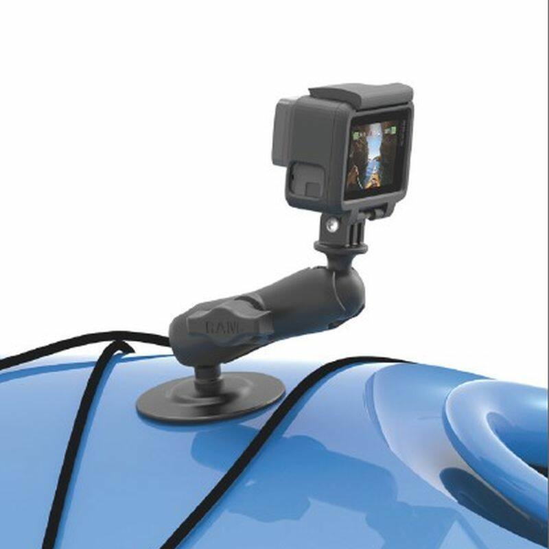 RAP-B-378-202U-GOP1 RAM® Action Camera mount with Flexible Adhesive Base and Double Socket Arm on kayak