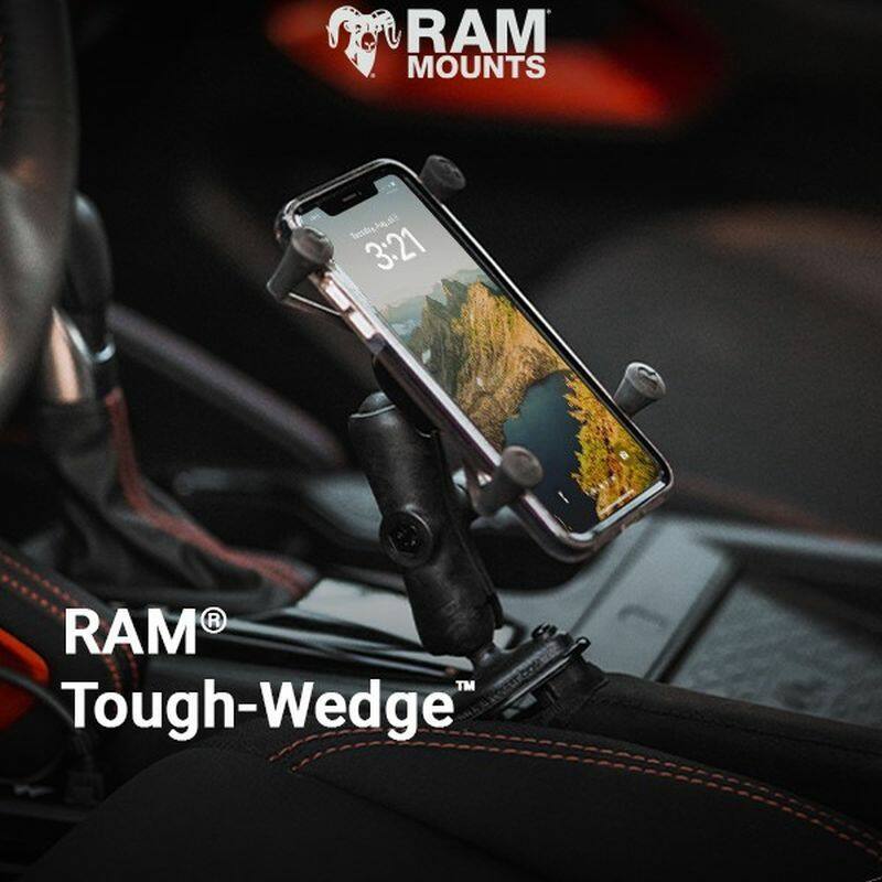 RAP-B-407-UN7U RAM® X-Grip® Phone Mount with RAM® Tough-Wedge™ Base installed in car