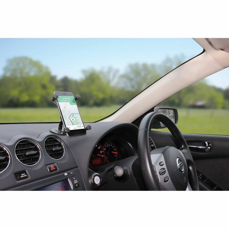 RAP-SB-180-UN7U Lil Buddy™ Adhesive Stick Base Mount with Universal X-Grip® Cell Phone Cradle on dahsboard in car