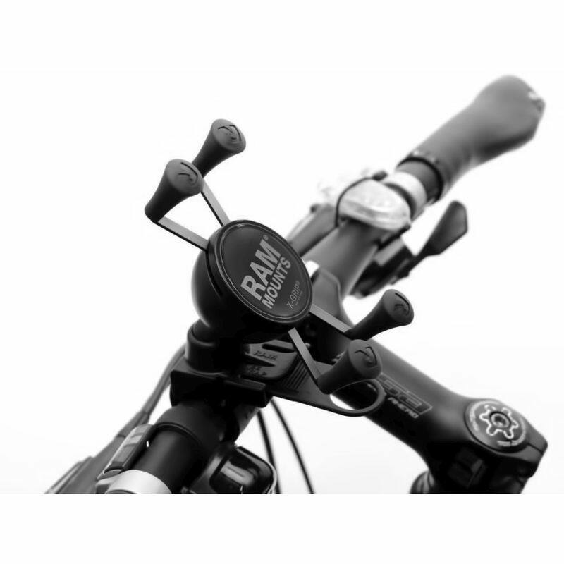 RAP-SB-187-UN7U RAM® X-Grip® Phone Mount with RAM® EZ-Strap™ Rail Mount - on bicycle