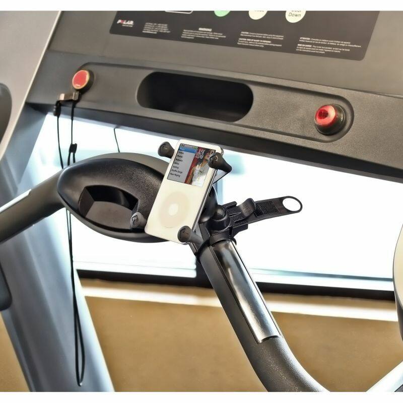 RAP-SB-187-UN7U RAM® X-Grip® Phone Mount with RAM® EZ-Strap™ Rail Mount on treadmill
