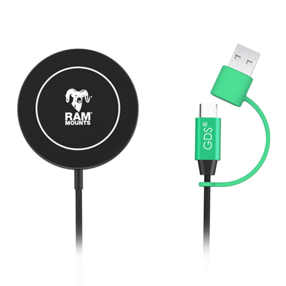 RAM-GDS-CHARGE-W2M RAM Qi2 15W wireless charger puck with woven USB-C cord