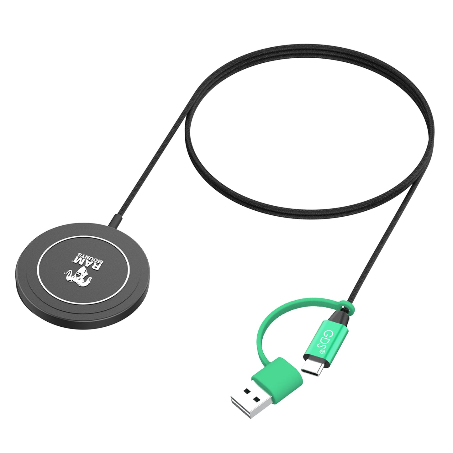 RAM-GDS-CHARGE-W2M Qi2 wireless charger shown magnetically aligned to a phone