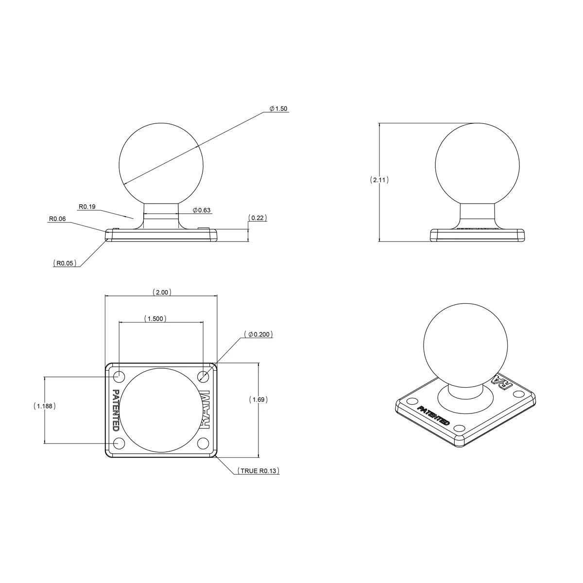 RAM Rectangular Base - C Series - 51 x 43mm - 4 hole AMPS hole pattern