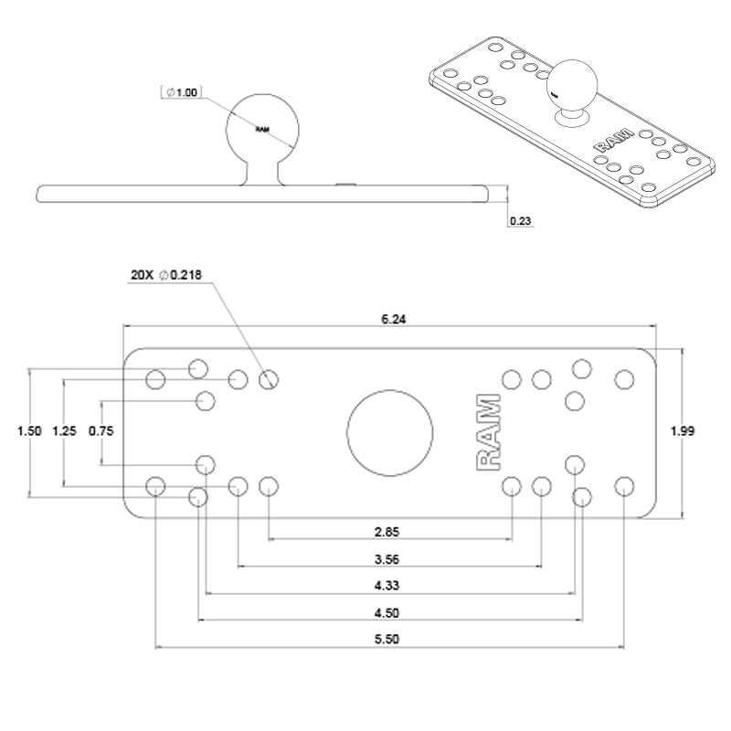 RAM-B-111BU Electronics plate dimensions and hole patterns 