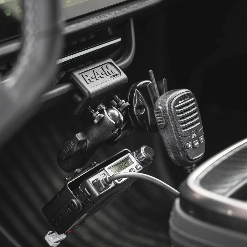 RAM-B-259U RAM® Glare Shield Clamp Ball Base installed in car with accessories