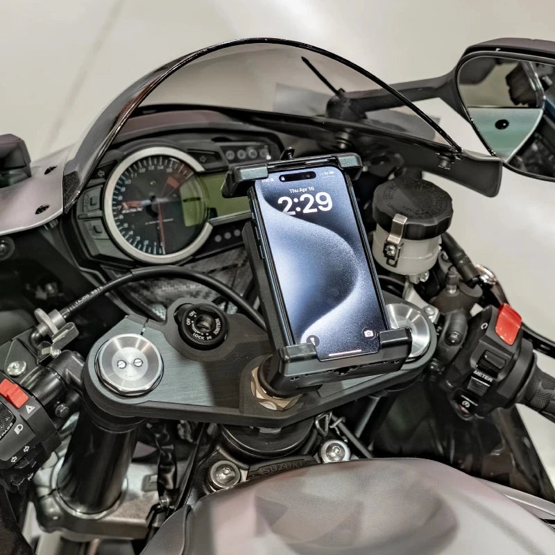 RAM-B-342WU Motorcycle Fork Stem Wedge Ball Base installed with phone 