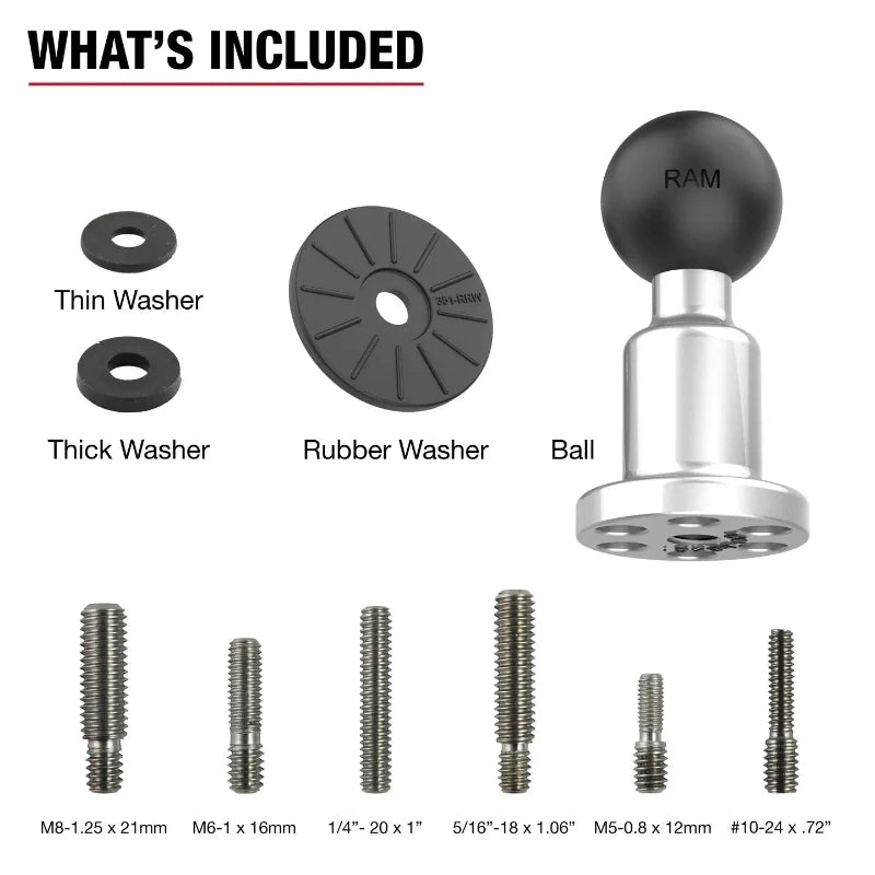 RAM-B-463-GU RAM Gim-Ball fishfinder gimbal base adapter with B-size 1 inch ball, showing all the included accessories 