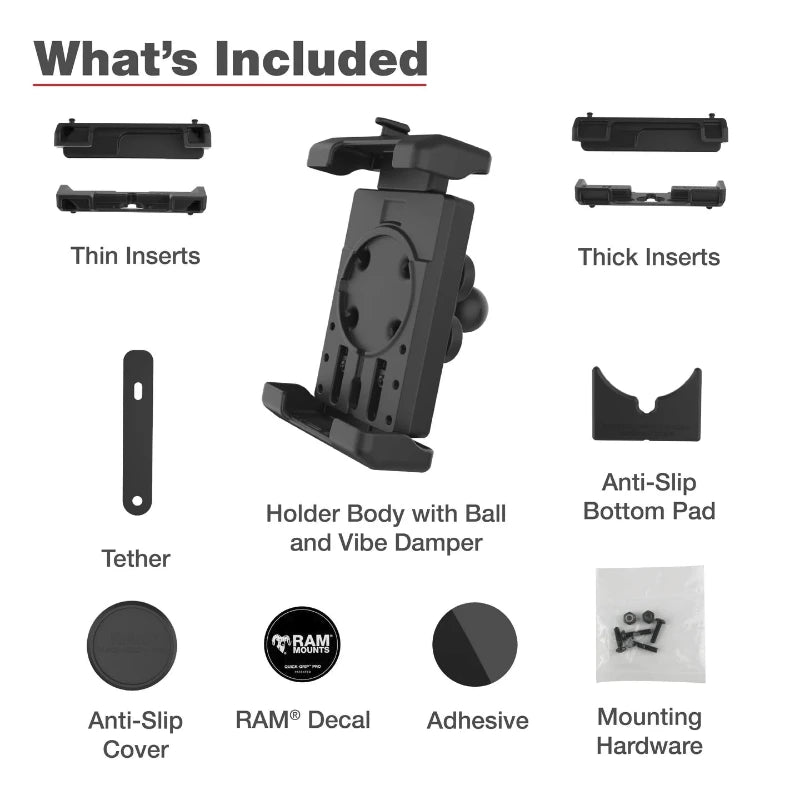 RAM-HOL-PD7VBU RAM® Quick-Grip™ Pro XL Phone Holder with Ball and Vibration Damper contents 