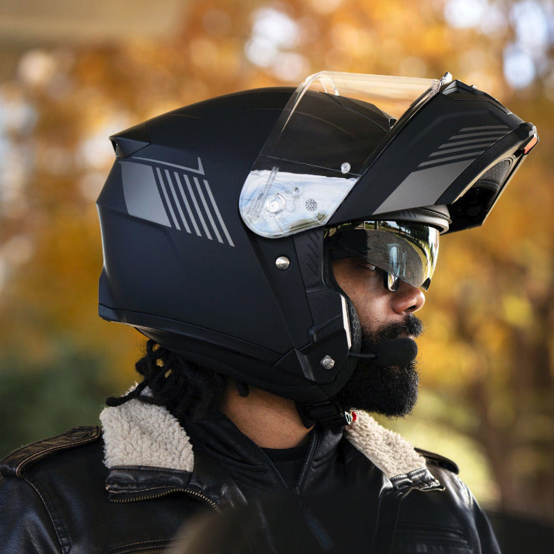 Sena Specter smart helmet in matte black showing open face mode 