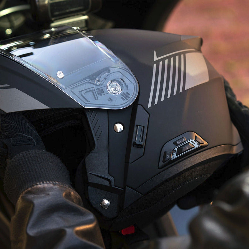 Sena Specter smart helmet showing intercom controls 