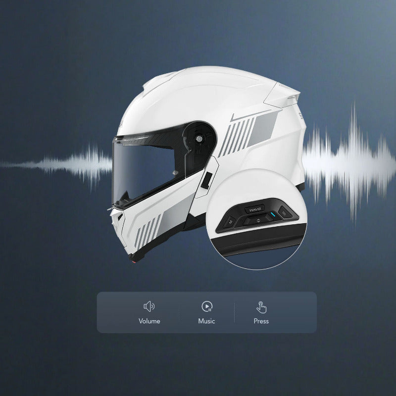 Sena Specter smart helmet in gloss white showing music and volume controls 