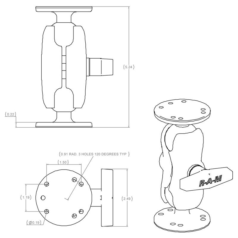 RAM Double Ball Mount with 2 Round Base Plates - C Series (1.5" Ball) - Short