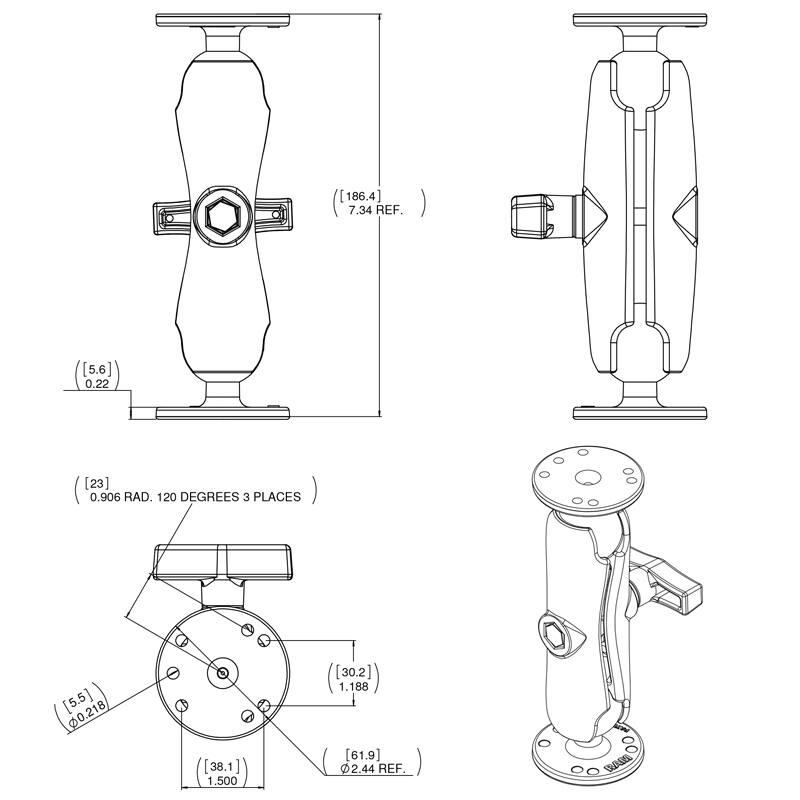 RAM Suction Cup Base - Dual Cup with Arm and Round Bases (C Series 1.5")