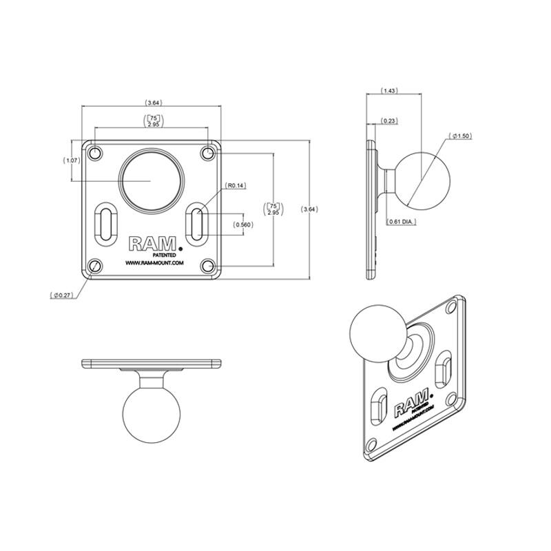 RAM Square 75mm VESA Base Plate - C Series with Long Arm and Round Plate