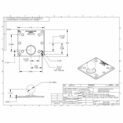 RAM Square VESA Base Plate  - 120mm square - C Size 1.5" Ball - No Spacers