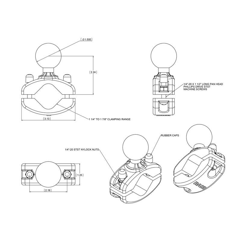 RAM-271U-12 RAM® Rail Clamp Ball Base for 31.75 to 47.625mm Rails - dimensions and diagram 