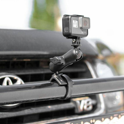 RAM-B-108-GOP1U RAM® Strap Clamp Mount with Universal Action Camera Adaptor with Go-Pro on bull bars 