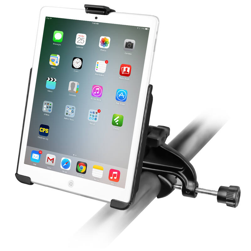 RAM-B-121-AP20U RAM® EZ-Roll'r™ Cradle with Yoke Clamp Mount for Apple iPad mini 4-5 installed on rail