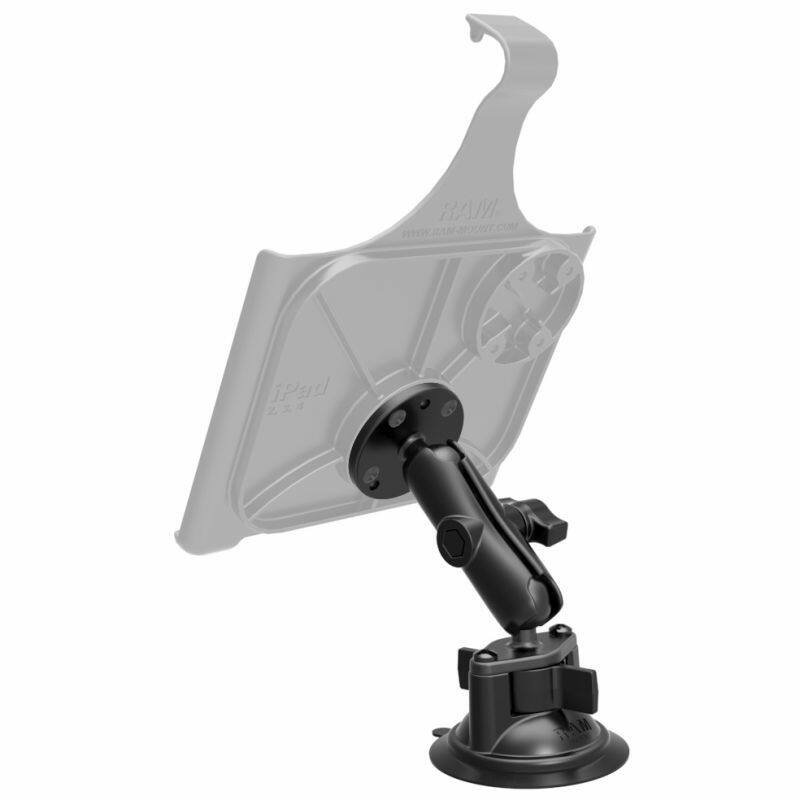 RAM-B-166-202U RAM® Twist-Lock™ Composite Suction Mount with Round Plate - Medium arm on clear tablet cradle 