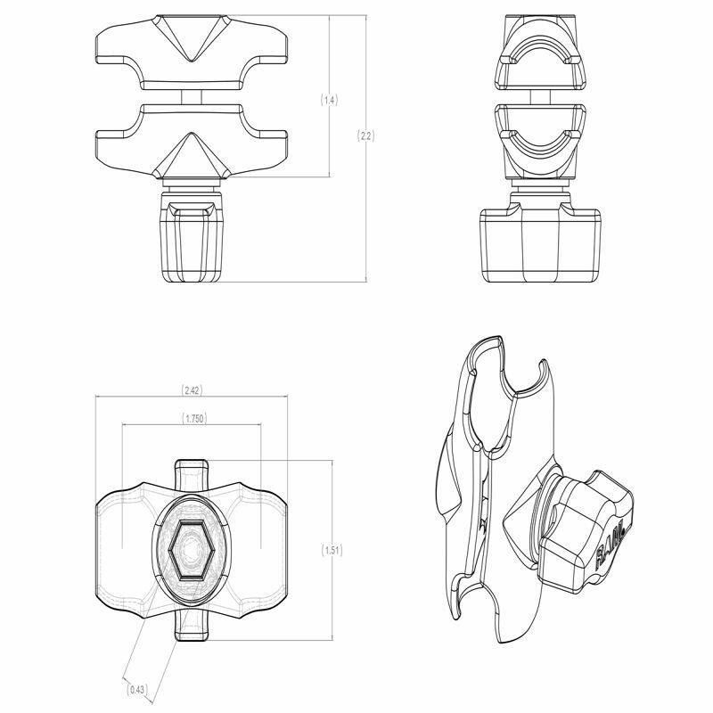 RAP-B-201U-A Composite Short Double Socket Arm for 1" Balls dimensions and diagram 