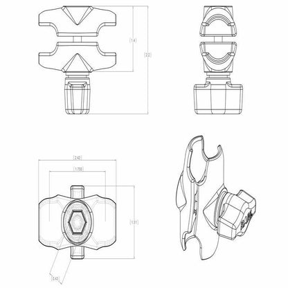 RAP-B-201U-A Composite Short Double Socket Arm for 1" Balls dimensions and diagram 