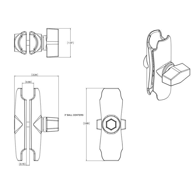 RAM Tough-Clamp Universal Mount (Small) w/ Double Socket Arm